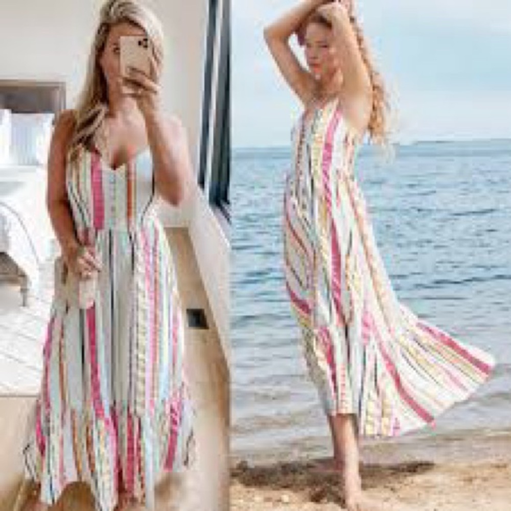 J. Crew Tiered midi dress in seersucker ribbons Cute Summer Fun Rainbow Stripe